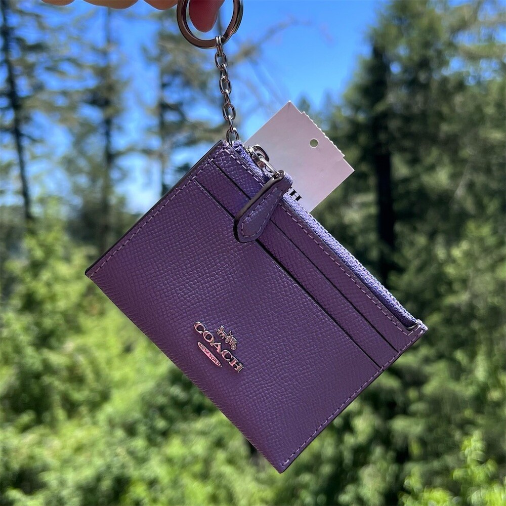 COACH Purple Leather Mini Skinny ID Case Keychain Wallet Silver Hardware NWT